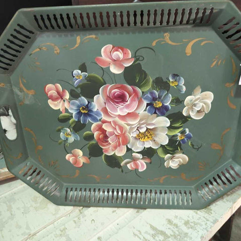 Pretty Vintage Hand Painted Blue Tray 20x16