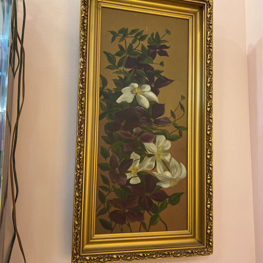 Victorian floral oil clematis painting, framed, signed, 14" c 27" , minor damage