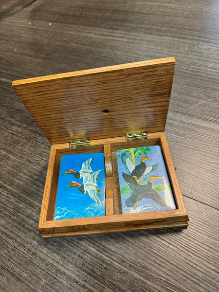 Wooden Box with Brass Duck and 2 Sets of Playing Cards W1386