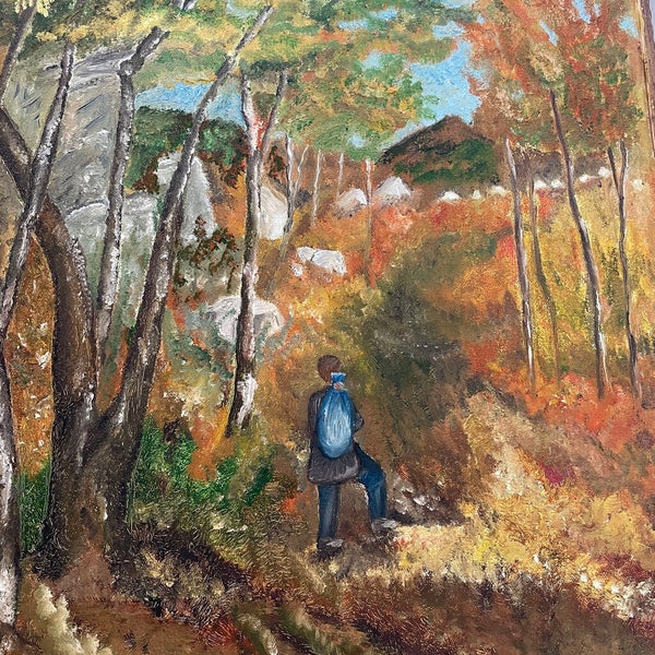 Moxie - Hiking In The Woods Painting - As Found - 17 x 21