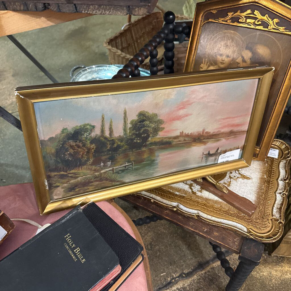 Vintage painting on board waterscape signed 10 x 20