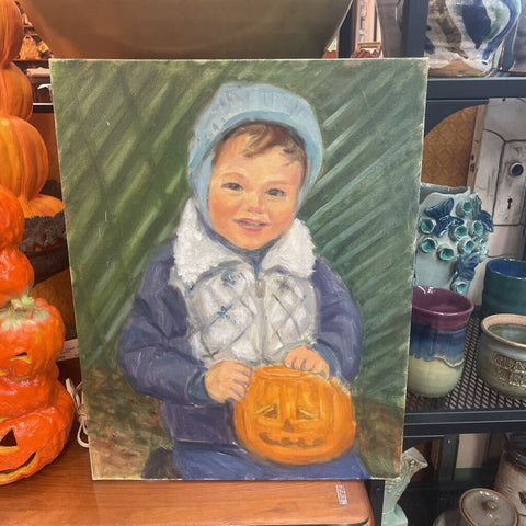 Moxie - Child & Jack O Lantern Painting on Board - 14 x 18