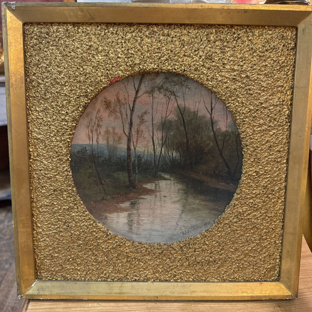 19th century art landscape on round wood. Signed R.S. Austen1889