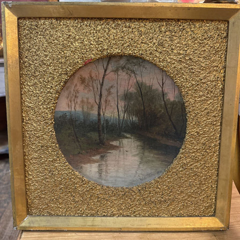 19th century art landscape on round wood. Signed R.S. Austen1889