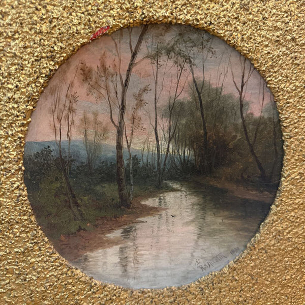 19th century art landscape on round wood. Signed R.S. Austen1889