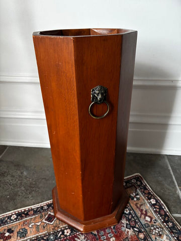 Vintage Wood Umbrella Stand w/ Brass Lion Head Handles