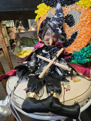 Puppet witch with wood face/hands 21" tall