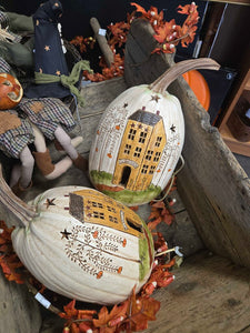 White pumpkin with house 16" tall with light