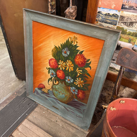 Large bright flowers in base in green frame vintage pull oil painting