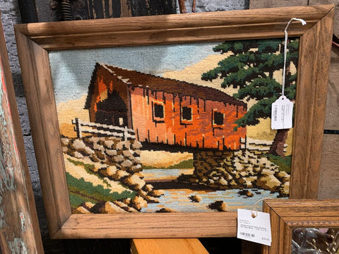 Vintage Embroidered Covered Bridge~ 15" t x 19" l