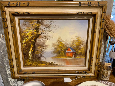 Vintage Fall Lake Scene Oil Painting~ signed W. Donald ~ 19,5" t x 23.25" l