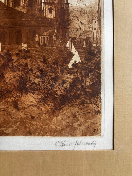 Vintage Framed Signed European Etching