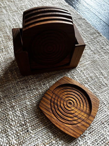 Vintage Kalmar Designs MCM Teak Wood Coaster Set of 6 with Caddy Octagon