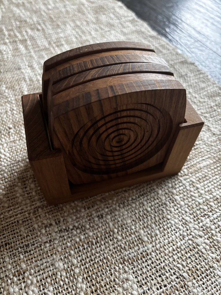 Vintage Kalmar Designs MCM Teak Wood Coaster Set of 6 with Caddy Octagon