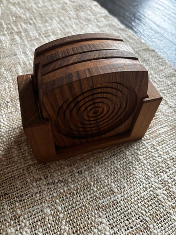 Vintage Kalmar Designs MCM Teak Wood Coaster Set of 6 with Caddy Octagon