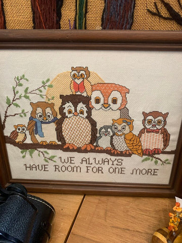 Vintage framed Owl cross stitch "We Always Have Room For One More " 16 x 13