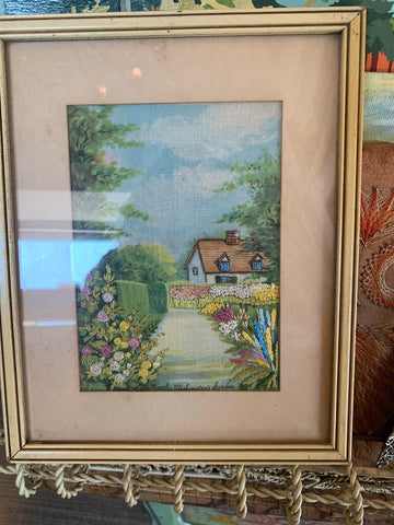 Vintage framed embroidery piece 8.5 x 11