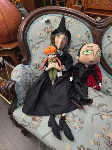 31" tall cloth witch with pumpkin doll