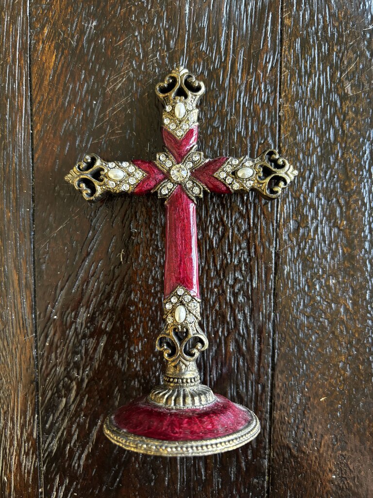 Beautiful Brass Antiqued Finish & Enamel Cross with Rhinestones