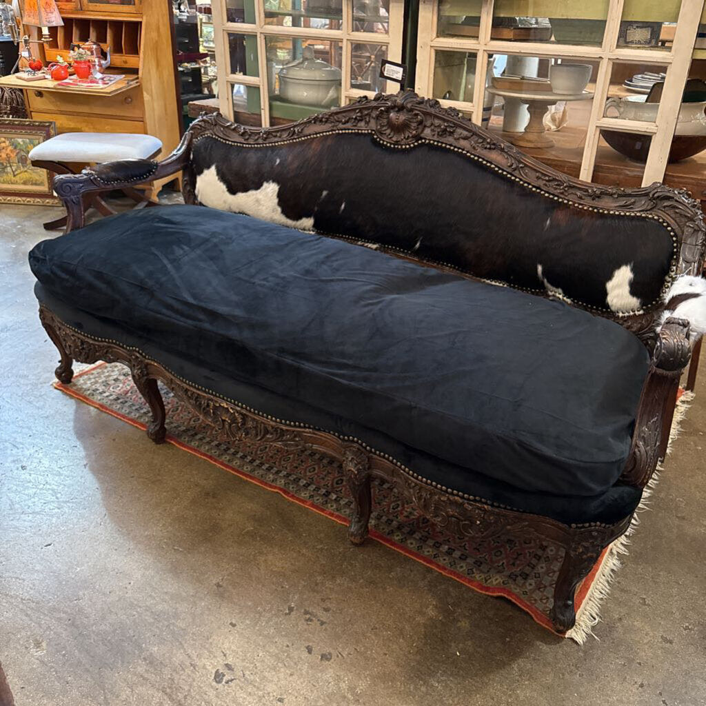 Cowhide and Velvet Couch 75L 28D 38H IN STORE PICKUP ONLY