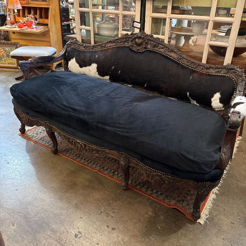 Cowhide and Velvet Couch 75L 28D 38H IN STORE PICKUP ONLY