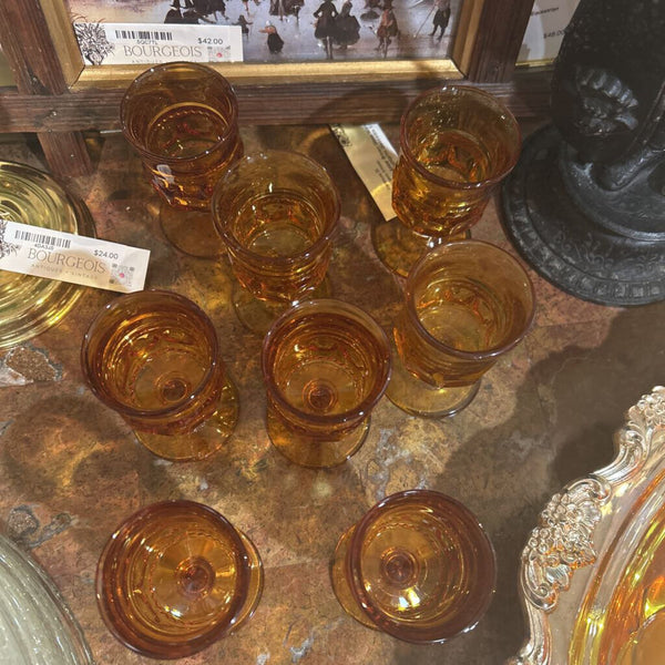 Indian Amber Brown Glass Ware 1960's Thumbprint Glassware 3.5" Set of 7