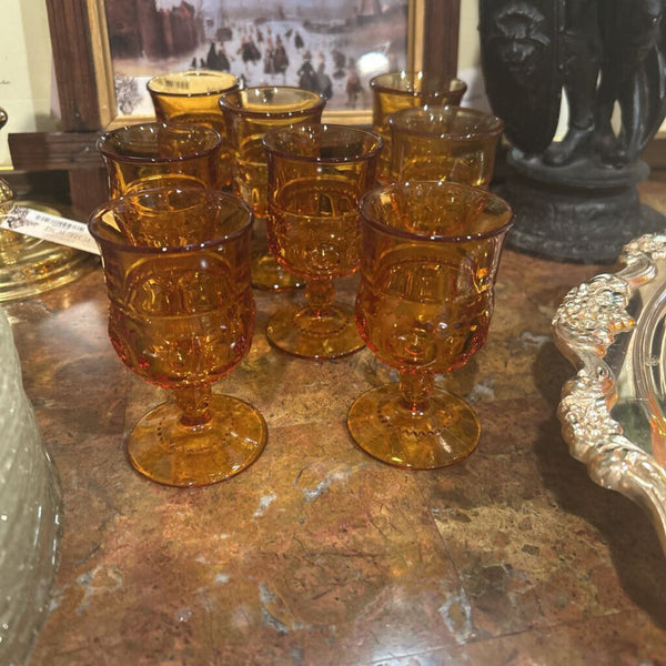 Indian Amber Brown Glass Ware 1960's Thumbprint Glassware 3.5" Set of 7