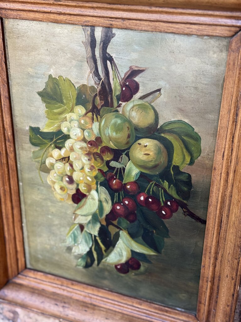 Primitive grape art still life painting on board 21x16
