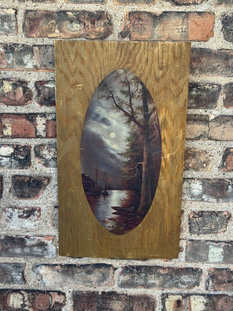 Vertical vintage oil on wood panel landscape painting art 19.75x12