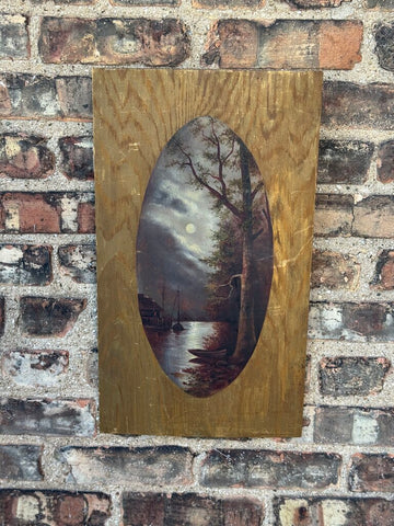 Vertical vintage oil on wood panel landscape painting art 19.75x12