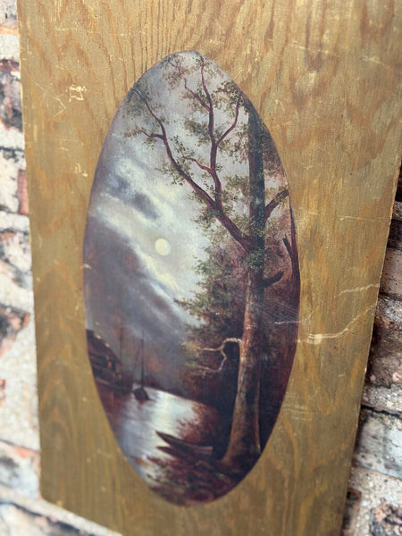 Vertical vintage oil on wood panel landscape painting art 19.75x12