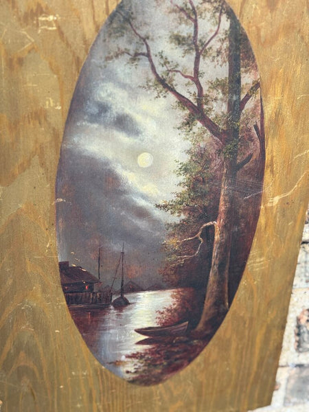 Vertical vintage oil on wood panel landscape painting art 19.75x12
