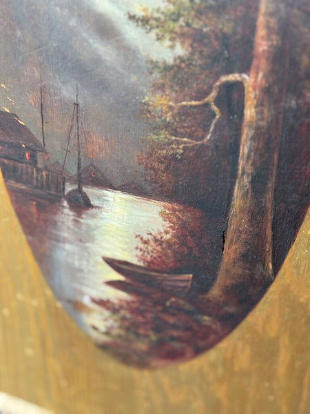Vertical vintage oil on wood panel landscape painting art 19.75x12