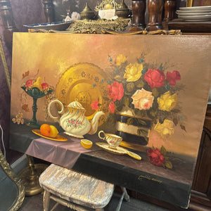 Large vintage floral tea pot still life painting on canvas