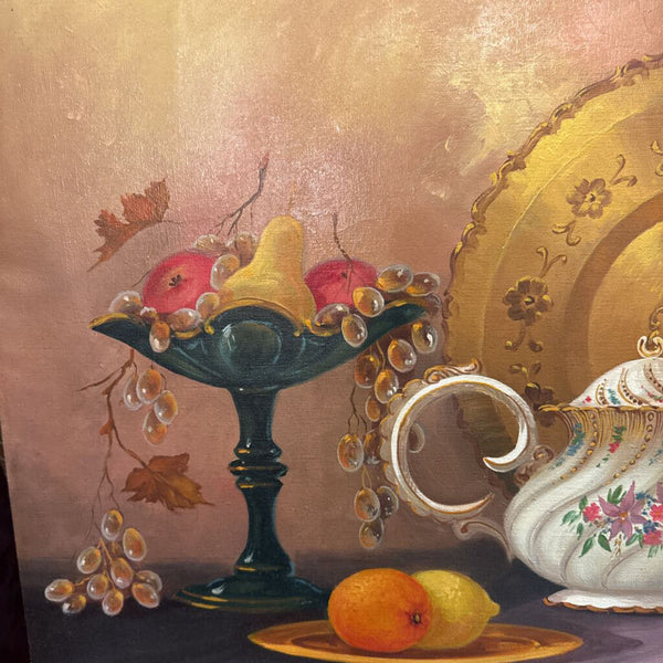 Large vintage floral tea pot still life painting on canvas
