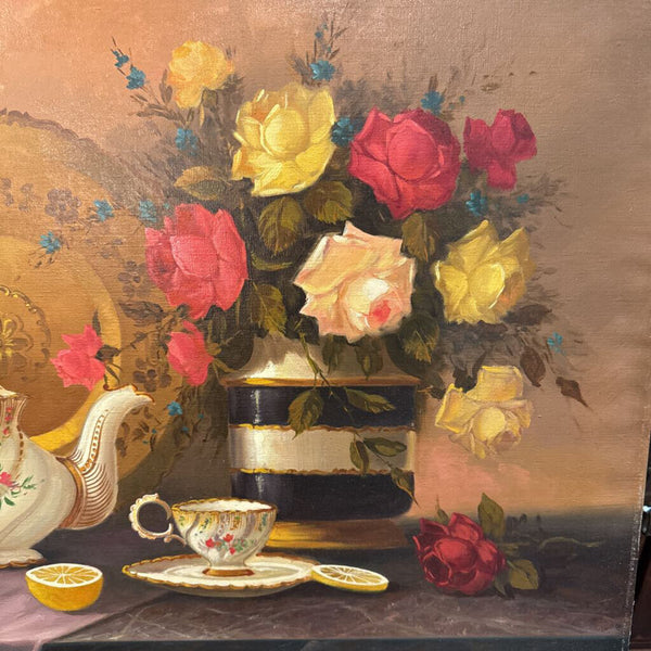 Large vintage floral tea pot still life painting on canvas
