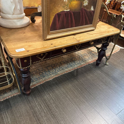 Vintage pine coffee table with two-string and brass rack. 2 working drawers IN STORE PICKUP ONLY