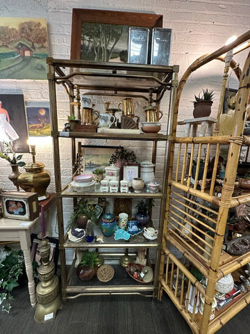 Vintage Brass glass large shelving unit 14dx30w x70h in store pick up only