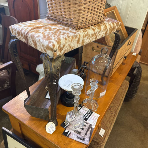 Vintage Foot stool bench recovered in cowhide cast legs