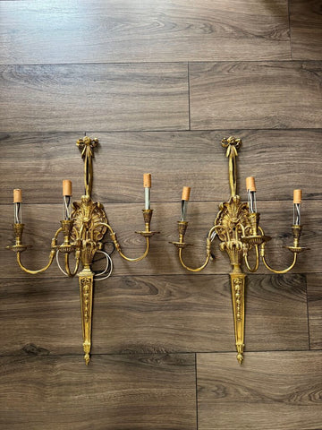 Gilt metal 3 arm bow sconces pair made in Spain