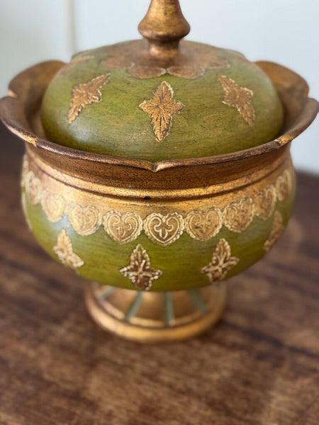 Italian terracotta green handpainted lidded urn