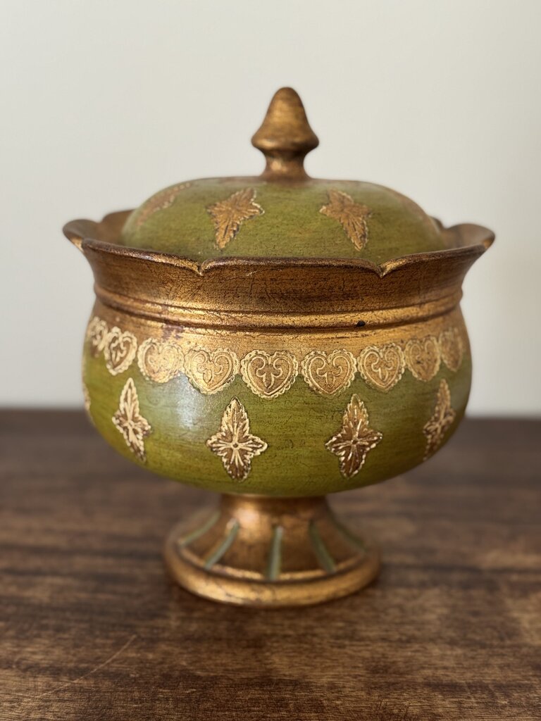 Italian terracotta green handpainted lidded urn