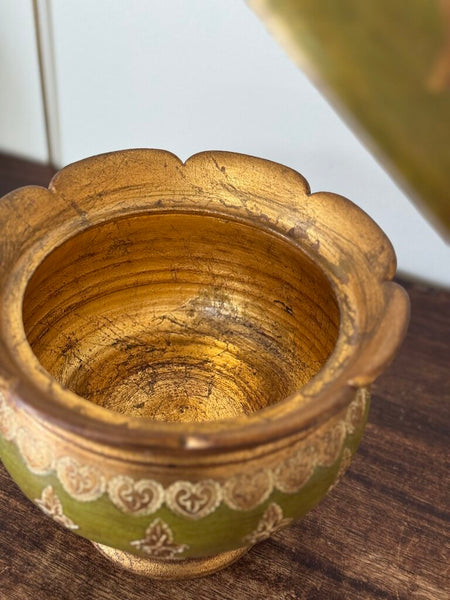 Italian terracotta green handpainted lidded urn