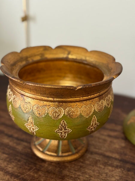 Italian terracotta green handpainted lidded urn