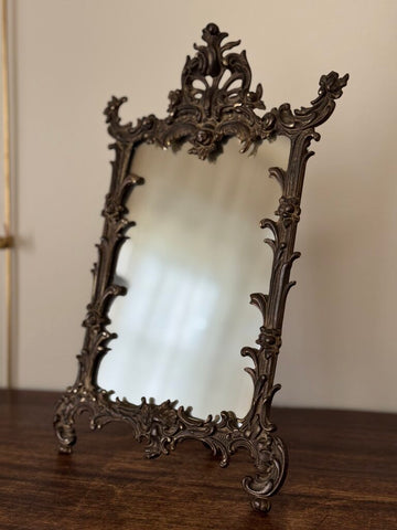 Antique Rococco ornate brass tabletop mirror