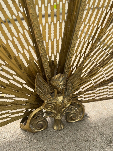 Vintage Brass peacock style fireplace screen with gargoyle (as-is)