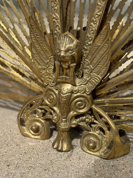 Vintage Brass peacock style fireplace screen with gargoyle (as-is)