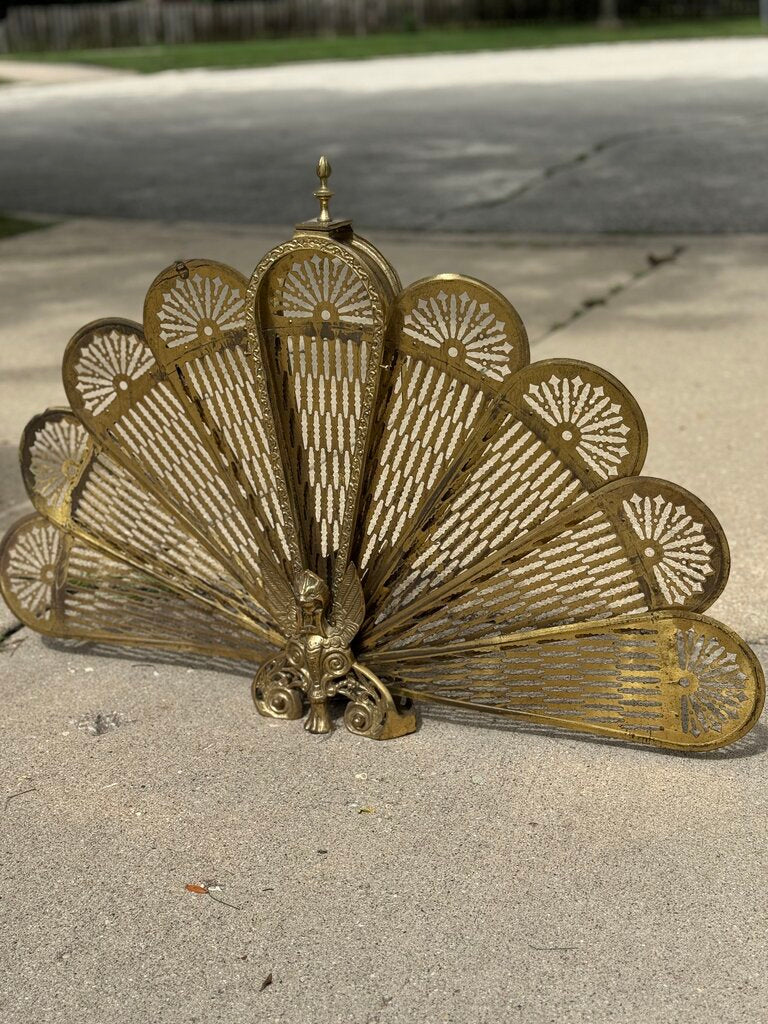 Vintage Brass peacock style fireplace screen with gargoyle (as-is)