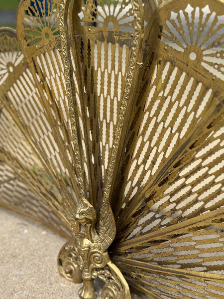Vintage Brass peacock style fireplace screen with gargoyle (as-is)