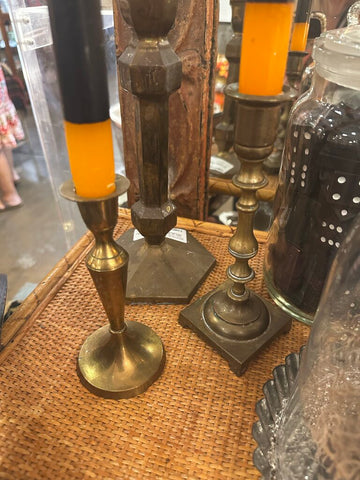 TRIO OF BRASS CANDLESTICKS - HALLOWEEN CANDLES INCLUDED